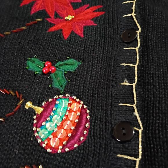 Ugly Christmas Sweater Vest Large Poinsettias Beaded Ornaments Kim Rogers Black - Picture 9 of 15